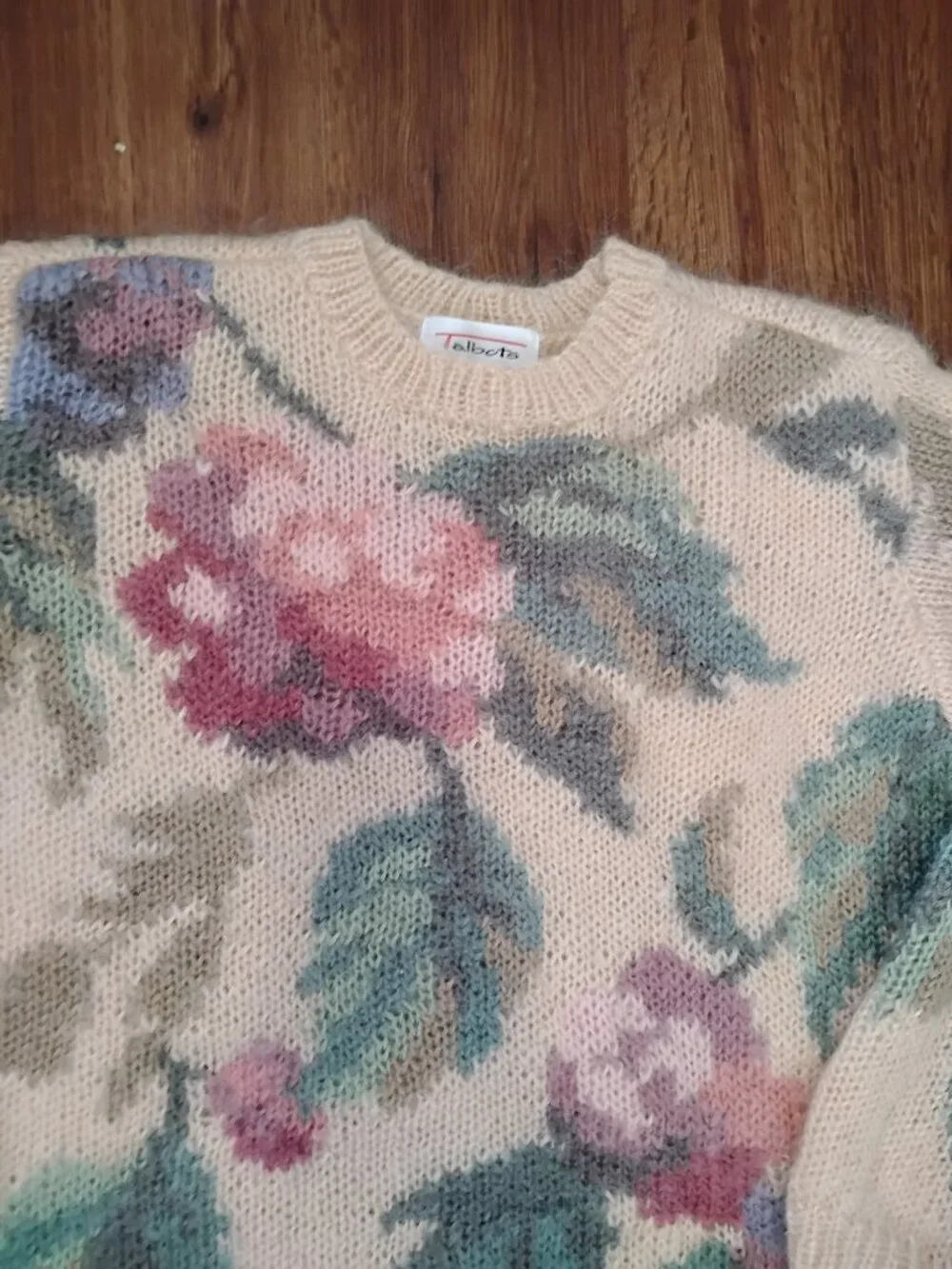 Vintage Talbots Floral AOP Mohair Crewneck Sweater Hand Knit